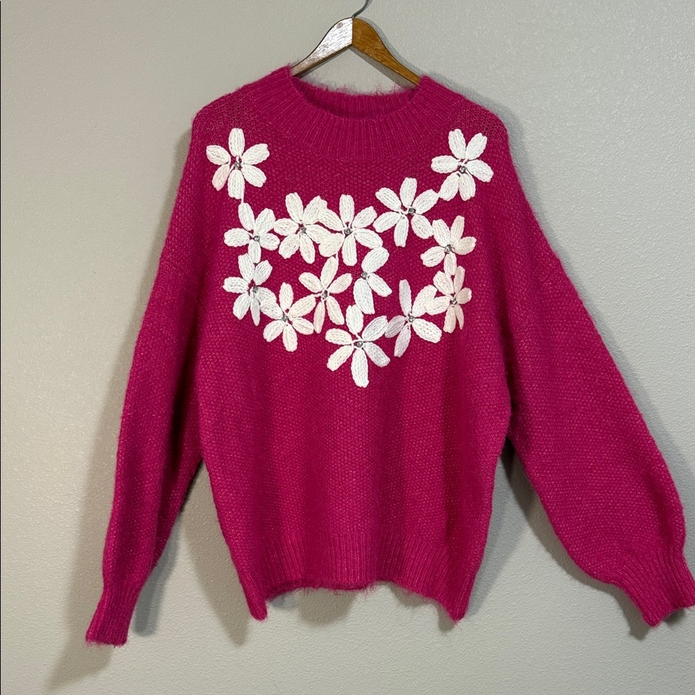 Rain + Rose (Nordstroms) Pink The Juniper Wool Blend Floral Embellished‎ Sweater